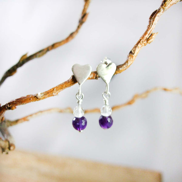 Sweet Sweet Heart Earrings with Genuine Gemstone in Recycled Sterling Silver