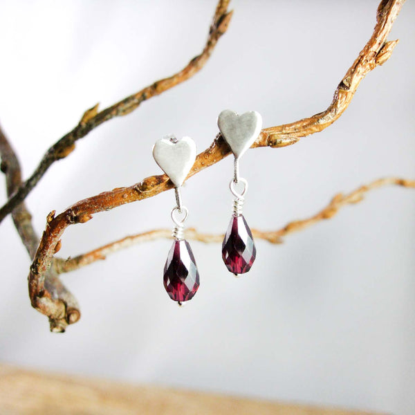 Sweet Sweet Heart Earrings with Genuine Gemstone in Recycled Sterling Silver