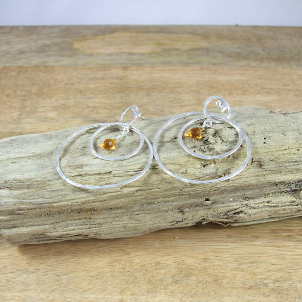 Entwined Large triple Circle Sterling Silver Earrings With Color Briolette Gemstones