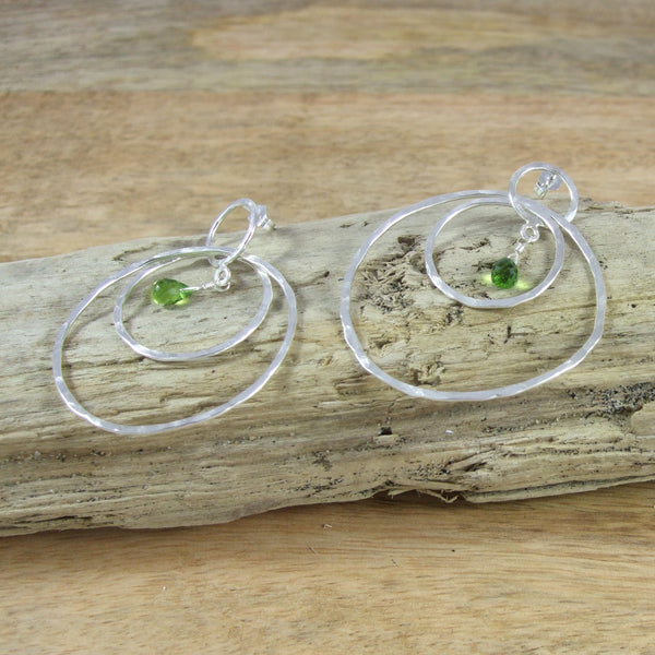Entwined Large triple Circle Sterling Silver Earrings With Color Briolette Gemstones