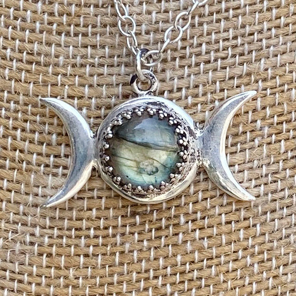 Triple Moon Pendant with Moonstone and Opal bead accents in Recycled Sterling Silver