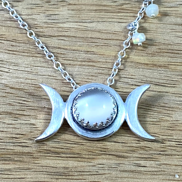 Triple Moon Pendant with Moonstone and Opal bead accents in Recycled Sterling Silver