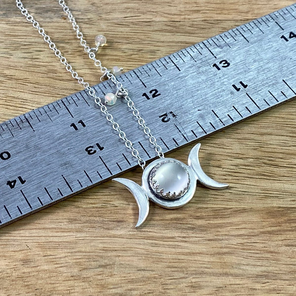 Triple Moon Pendant with Moonstone and Opal bead accents in Recycled Sterling Silver