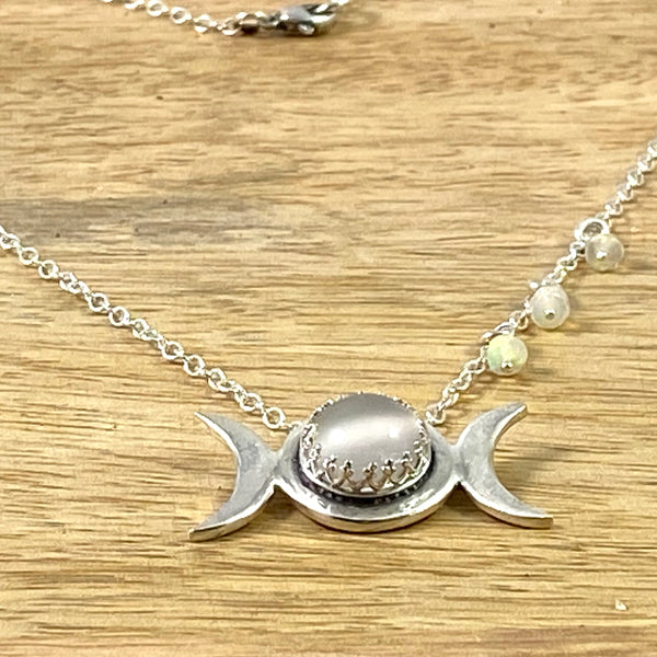Triple Moon Pendant with Moonstone and Opal bead accents in Recycled Sterling Silver