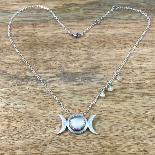 Triple Moon Pendant with Moonstone and Opal bead accents in Recycled Sterling Silver