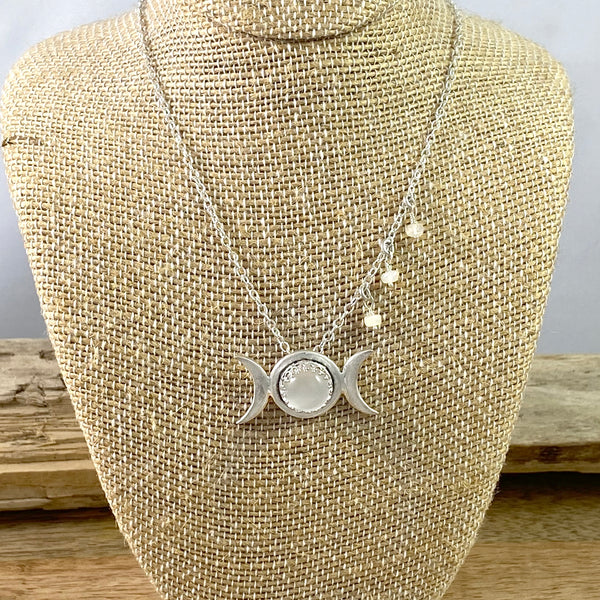 Triple Moon Pendant with Moonstone and Opal bead accents in Recycled Sterling Silver