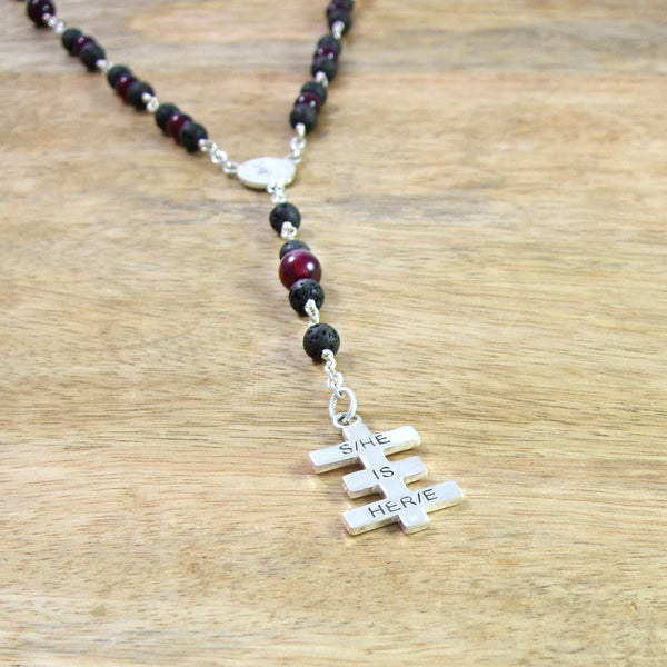Psychic Cross Rosary Style Necklace in Recycled Sterling Silver with Genuine Gemstone Beads