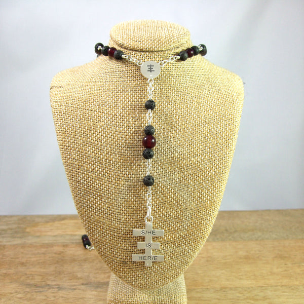 Psychic Cross Rosary Style Necklace in Recycled Sterling Silver with Genuine Gemstone Beads