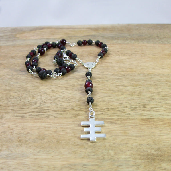 Psychic Cross Rosary Style Necklace in Recycled Sterling Silver with Genuine Gemstone Beads