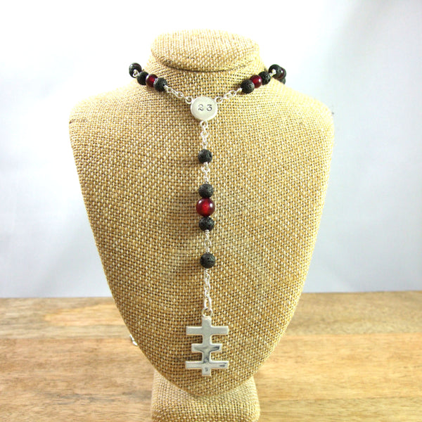 Psychic Cross Rosary Style Necklace in Recycled Sterling Silver with Genuine Gemstone Beads