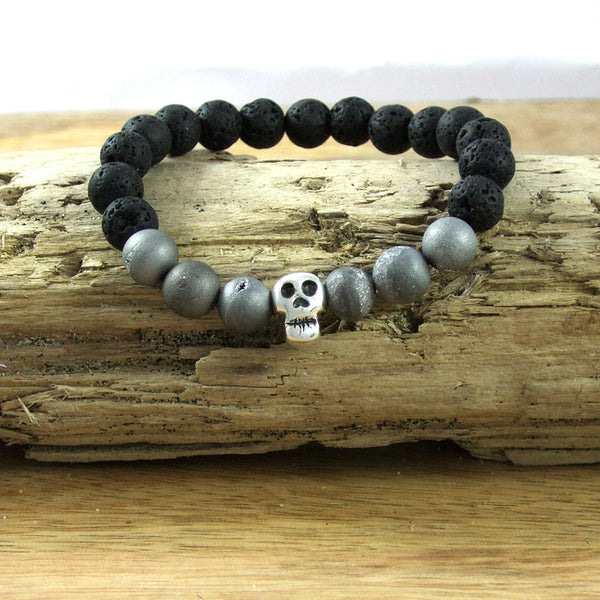 Solid Sterling Silver Skull - Gemstone and Lava Bead Diffuser Bracelet