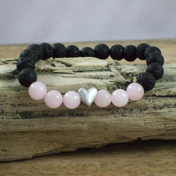 Solid Sterling Silver Heart - Gemstone and Lava Bead Diffuser Bracelet