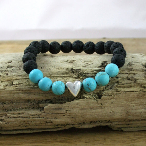 Solid Sterling Silver Heart - Gemstone and Lava Bead Diffuser Bracelet