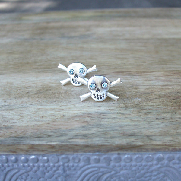 Sterling Silver Skull and Crossbone Cufflinks with Semi-Precious/Precious Gemstone Eyes