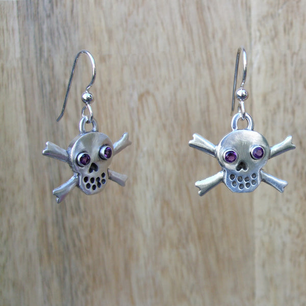 Sterling Silver Skull and Crossbone Drop Earrings set with Amethyst