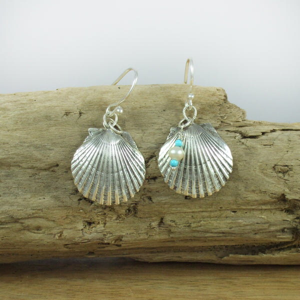 Sterling Silver Scallop Shell Earrings with Turquoise and Pearl