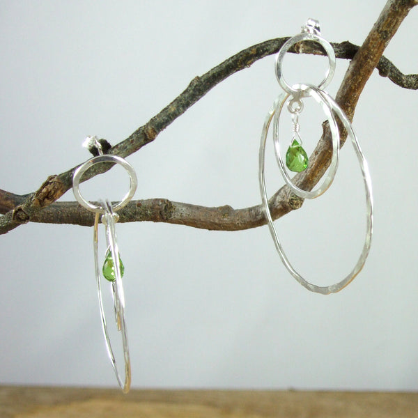 Entwined Large triple Circle Sterling Silver Earrings With Color Briolette Gemstones