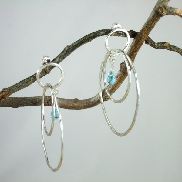 Entwined Large triple Circle Sterling Silver Earrings With Color Briolette Gemstones