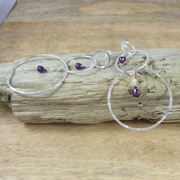 Entwined Long triple Circle Sterling Silver Earrings With Color Briolette Gemstones