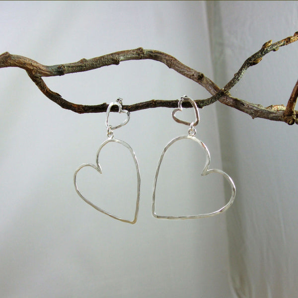 Entwined Large Sterling Silver 2-Heart Hammered Wire Earrings