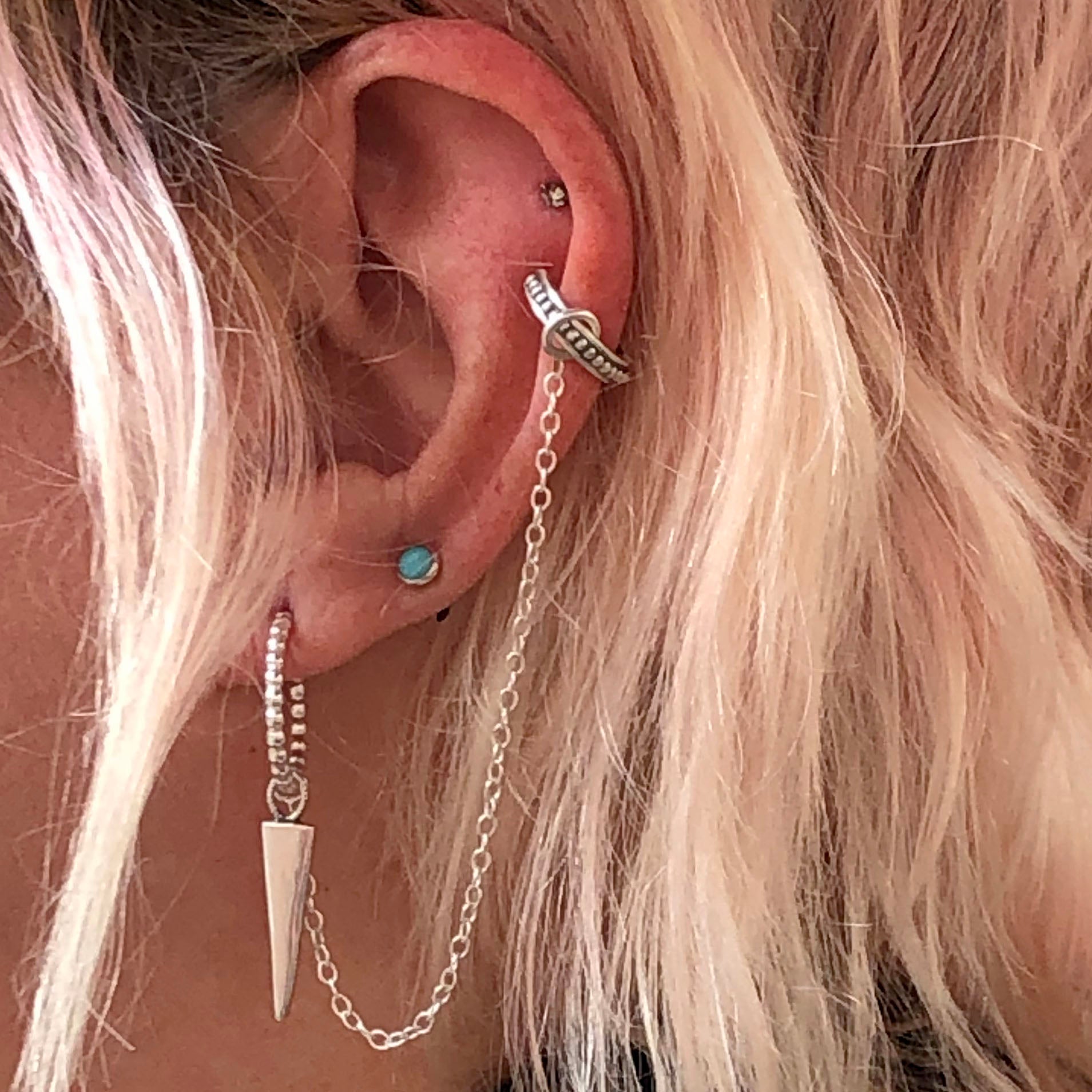 Ear Cuff with chain, Hand made Bead Hoop Earring with Hand Made Charm in Sterling Silver