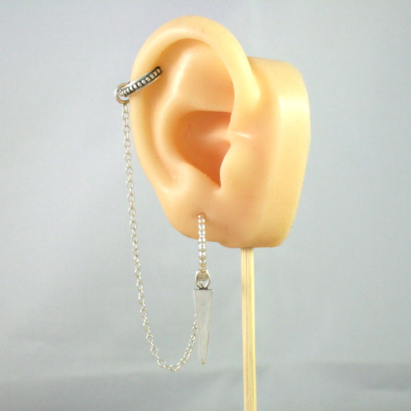 Ear Cuff with chain, Hand made Bead Hoop Earring with Hand Made Charm in Sterling Silver