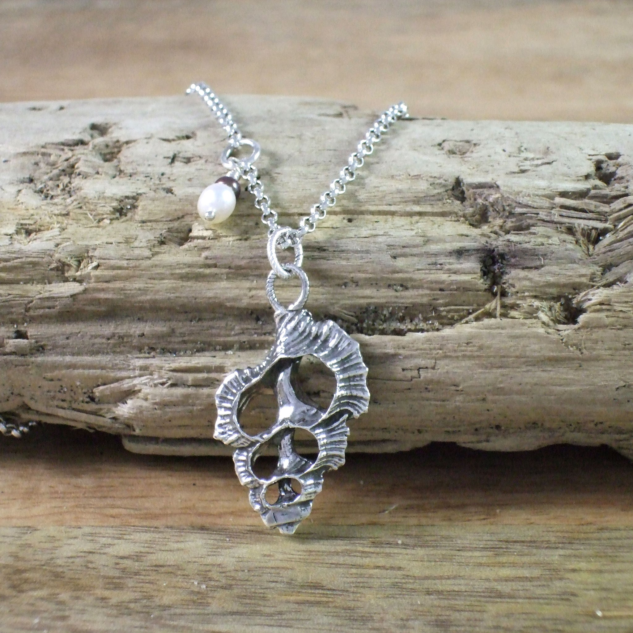 Frilly Shell Slice Necklace with Pearl Accent in Recycled Sterling Silver