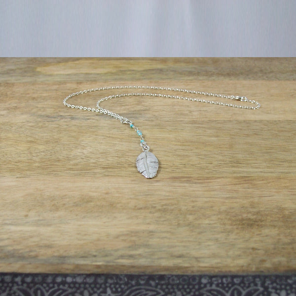 Sterling Silver Feather Necklace with Turquoise and Moonstone Beads