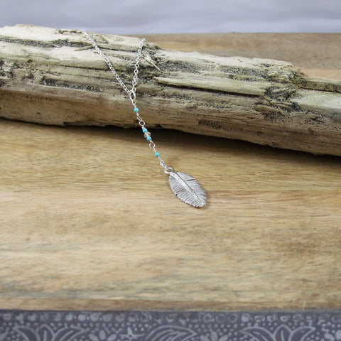 Sterling Silver Feather Necklace with Turquoise and Moonstone Beads