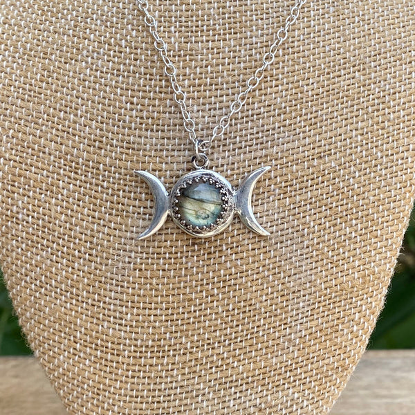 Triple Moon Pendant with Moonstone and Opal bead accents in Recycled Sterling Silver