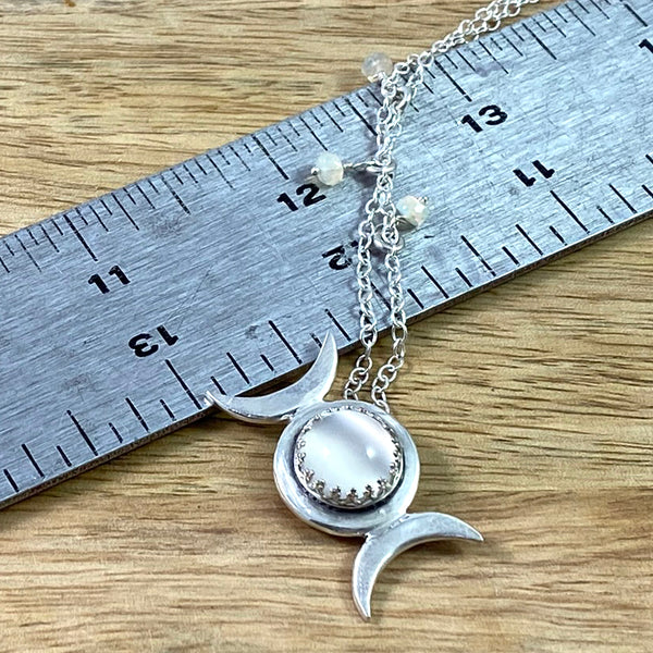 Triple Moon Pendant with Moonstone and Opal bead accents in Recycled Sterling Silver