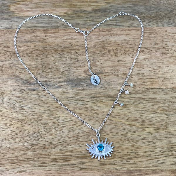 All Seeing Eye Necklace set with Genuine Blue Topaz in Recycled Sterling Silver