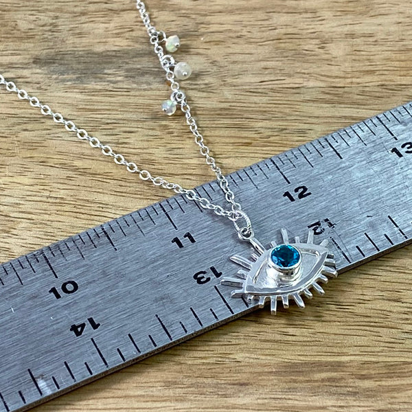 All Seeing Eye Necklace set with Genuine Blue Topaz in Recycled Sterling Silver