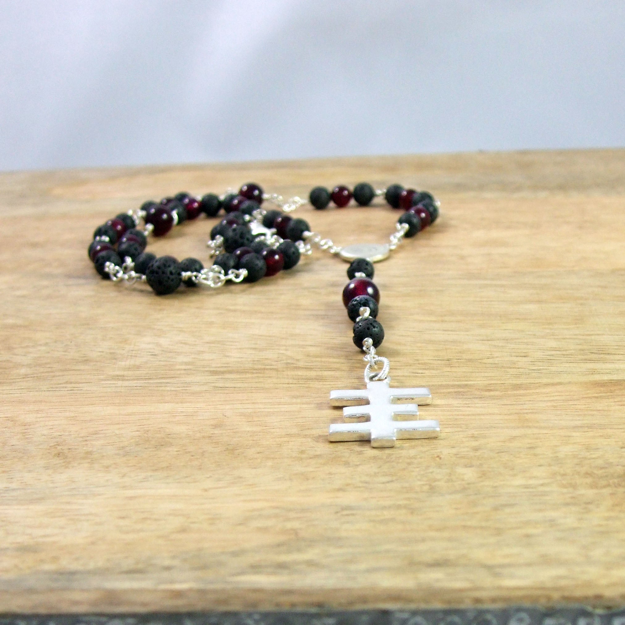 Psychic Cross Rosary Style Necklace in Recycled Sterling Silver with Genuine Gemstone Beads